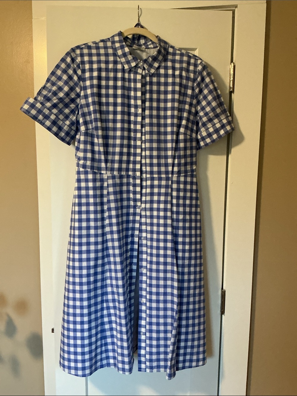 Talbots Blue White Buffalo Check Gingham Midi Dress w/ Tie Waist SZ 12 L/N $179